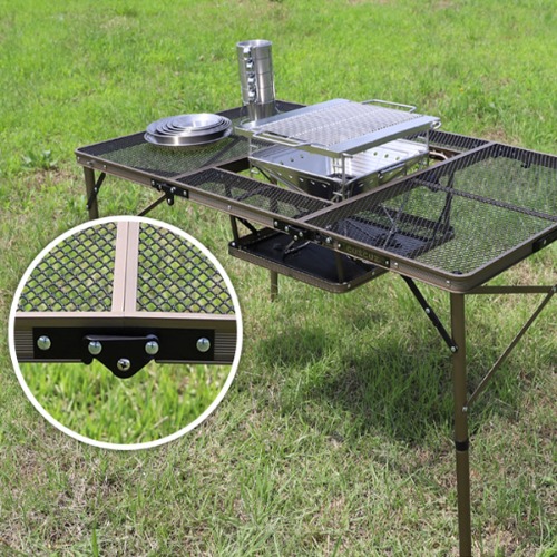 아이언 메쉬 3단 화로대 테이블 야외 캠핑 테이블 키친테이블 6인용/ 120x70(cm)